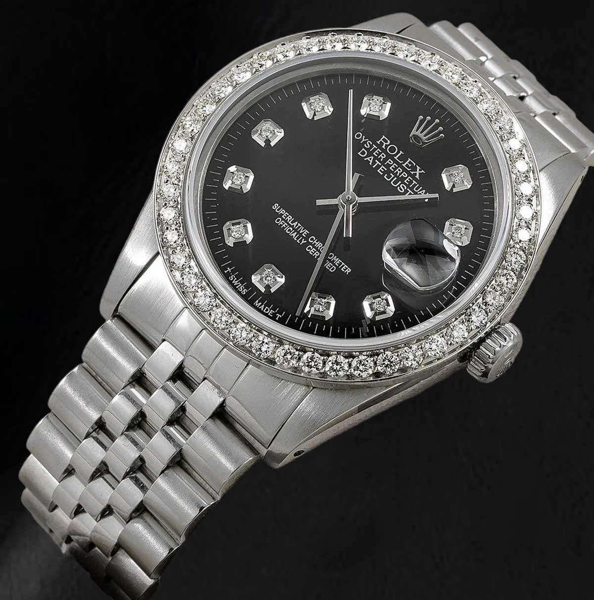 Rolex Datejust 16014 36mm Black Diamond Dial Stainless Steel Watch Jubilee Bracelet