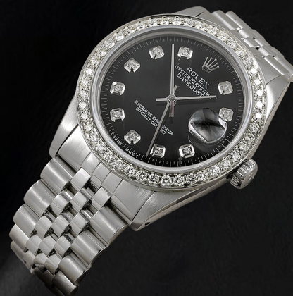 Rolex Datejust 16014 36mm Black Diamond Dial Stainless Steel Watch Jubilee Bracelet