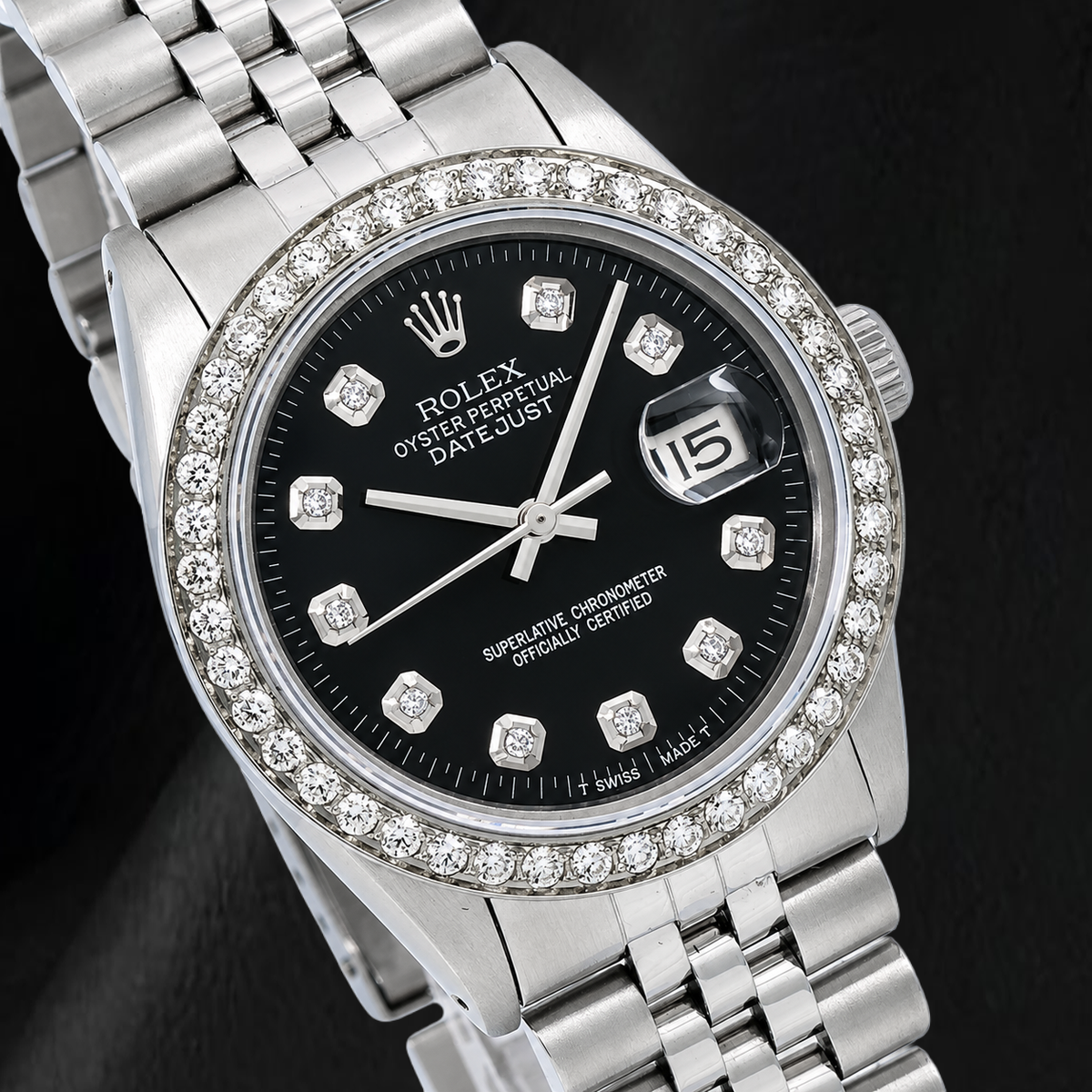 Rolex Datejust 16014 36mm Black Diamond Dial Stainless Steel Watch Jubilee Bracelet
