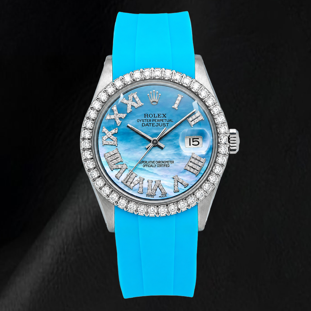 Rolex Datejust 16014 36mm Blue Mother Of Pearl Roman Diamond Dial Rubber Strap Watch