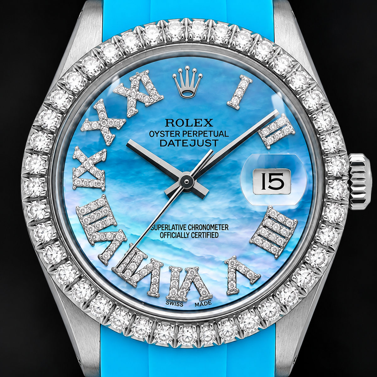 Rolex Datejust 16014 36mm Blue Mother Of Pearl Roman Diamond Dial Rubber Strap Watch