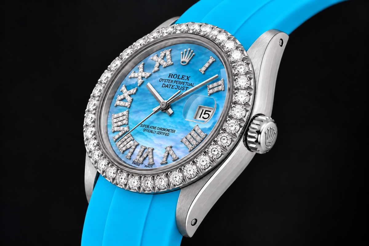 Rolex Datejust 16014 36mm Blue Mother Of Pearl Roman Diamond Dial Rubber Strap Watch