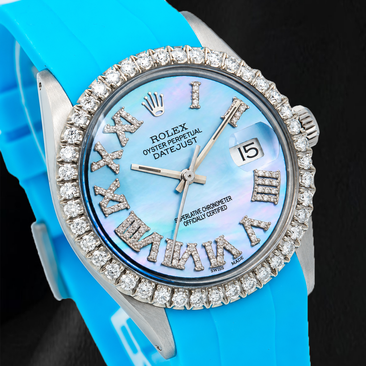 Rolex Datejust 16014 36mm Blue Mother Of Pearl Roman Diamond Dial Rubber Strap Watch