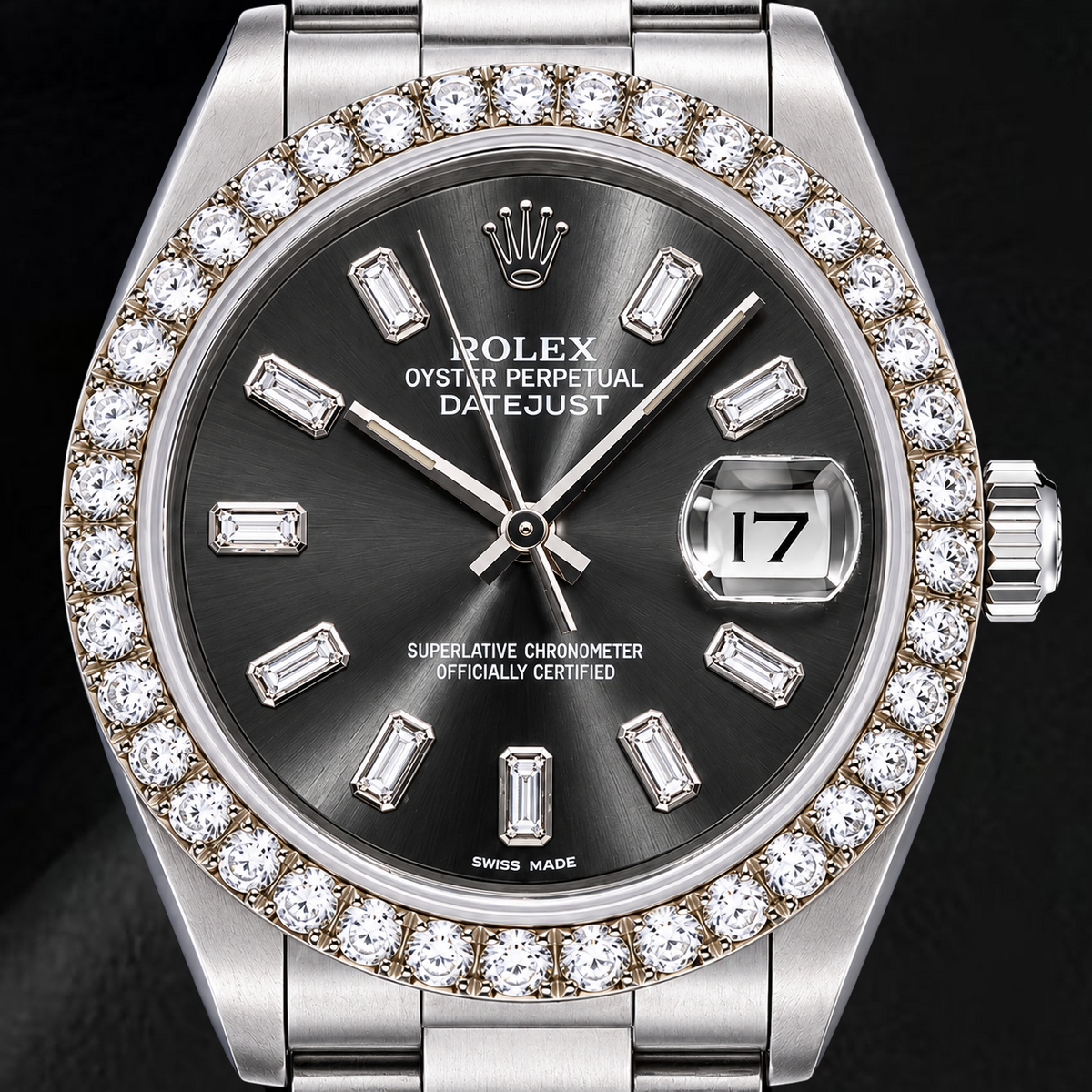 Rolex Datejust 16014 36mm Gray Baguette Diamond Dial Stainless Steel Watch