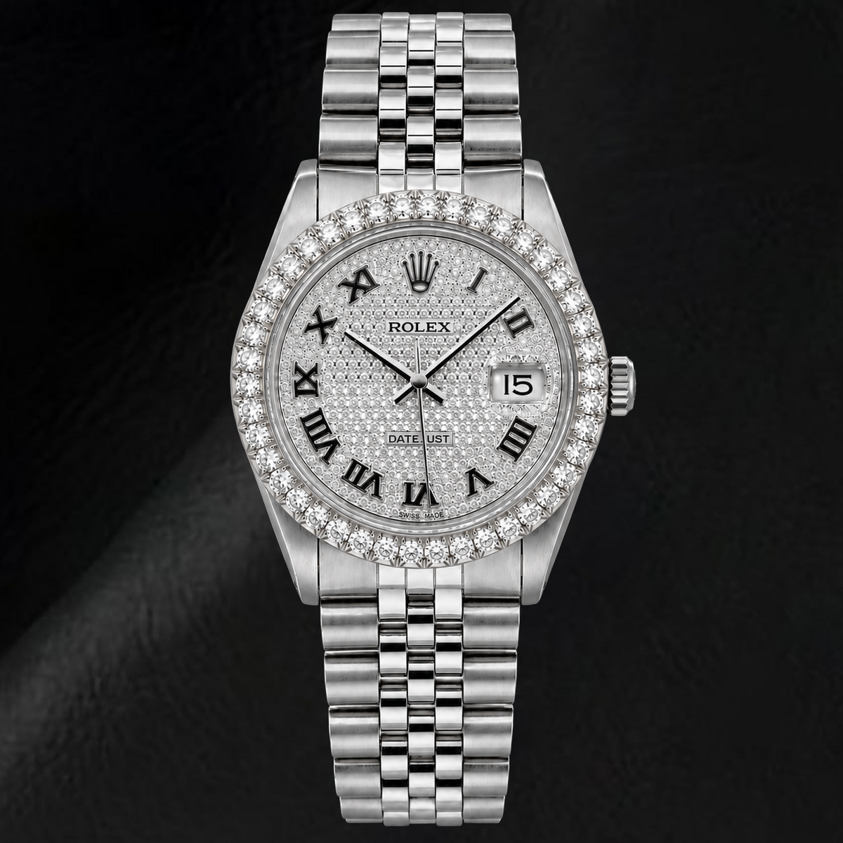 Rolex Datejust 16014 36mm Paved Diamond Roman Dial Stainless Steel