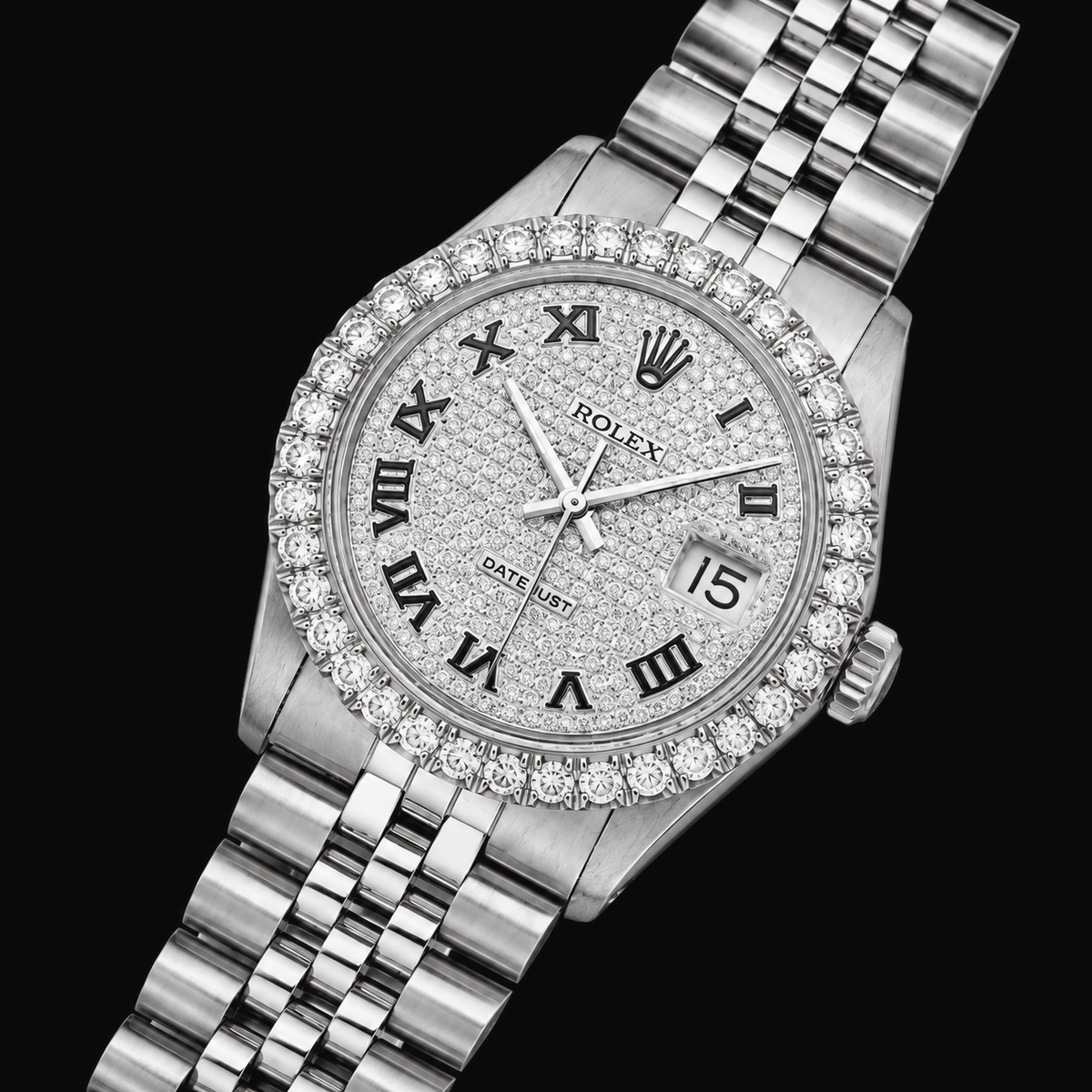 Rolex Datejust 16014 36mm Paved Diamond Roman Dial Stainless Steel