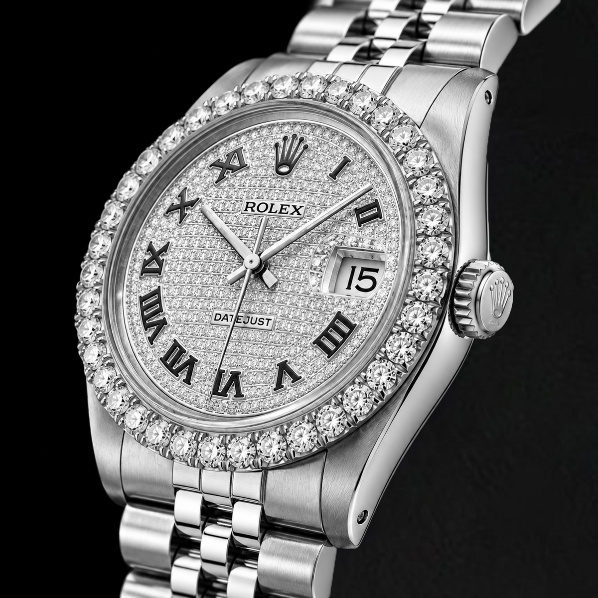 Rolex Datejust 16014 36mm Paved Diamond Roman Dial Stainless Steel