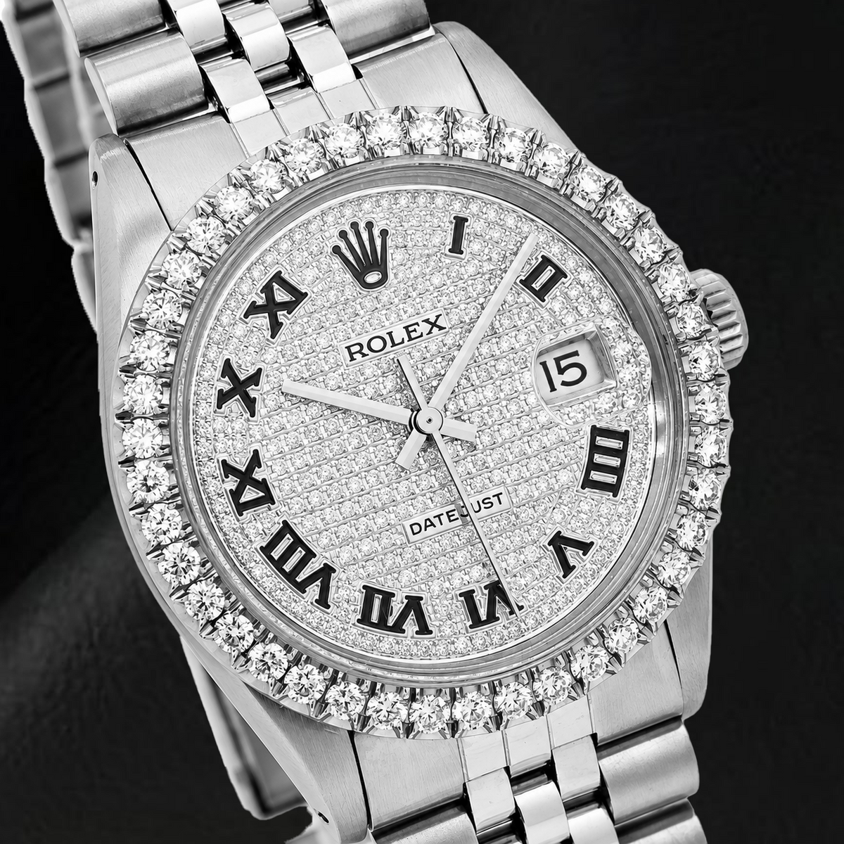 Rolex Datejust 16014 36mm Paved Diamond Roman Dial Stainless Steel