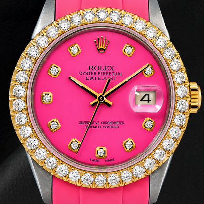 Rolex Datejust 16014 36mm Pink Diamond Dial Diamond Bezel Pink Rubber Strap Watch