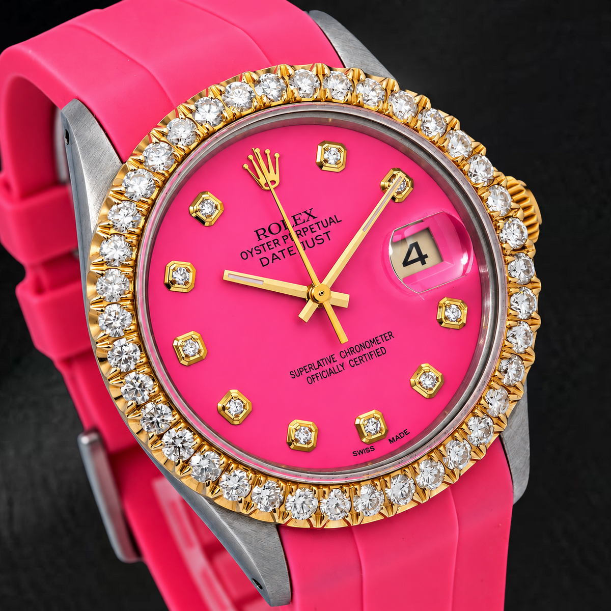 Rolex Datejust 16014 36mm Pink Diamond Dial Diamond Bezel Pink Rubber Strap Watch