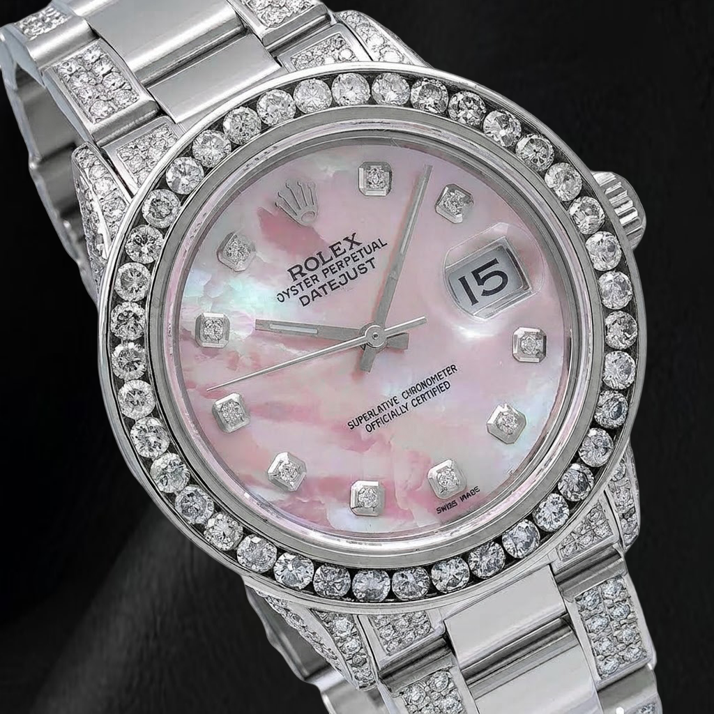 Rolex Datejust 16014 36mm Pink Mother of Pearl Diamond Dial Stainless Steel Watch