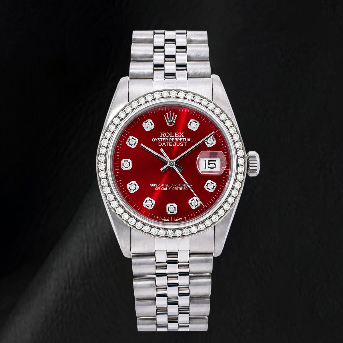 Rolex Datejust 16014 36mm Red Diamond Dial Stainless Steel Watch