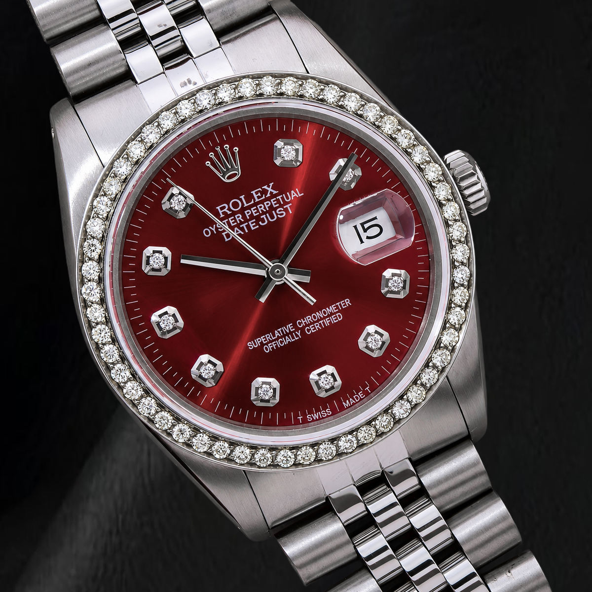 Rolex Datejust 16014 36mm Red Diamond Dial Stainless Steel Watch