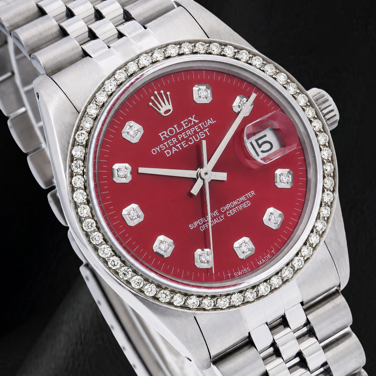Rolex Datejust 16014 36mm Red Diamond Dial Stainless Steel Watch