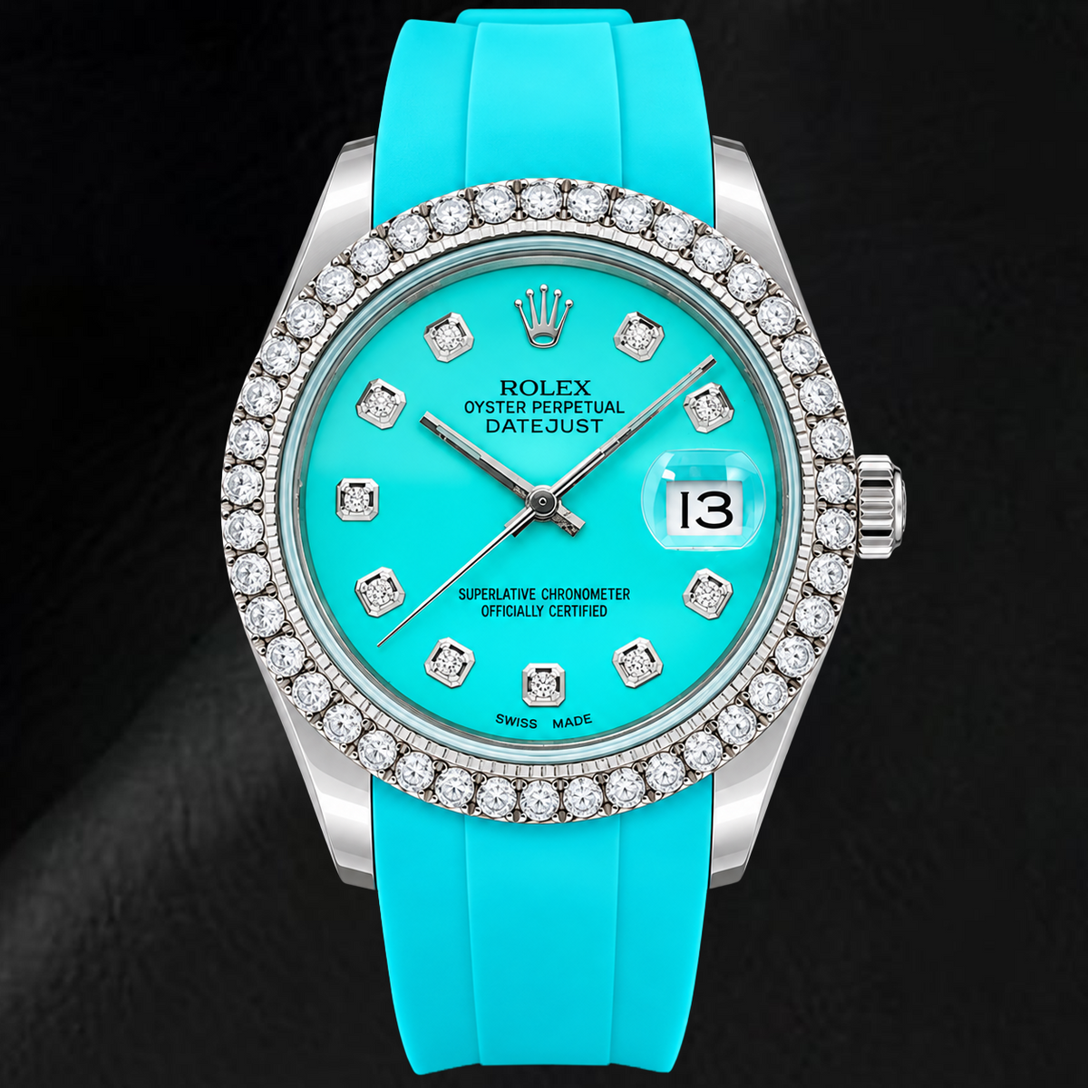 Rolex Datejust 16014 36mm Turquoise Diamond Dial Blue Rubber Strap Watch