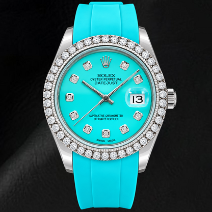 Rolex Datejust 16014 36mm Turquoise Diamond Dial Blue Rubber Strap Watch