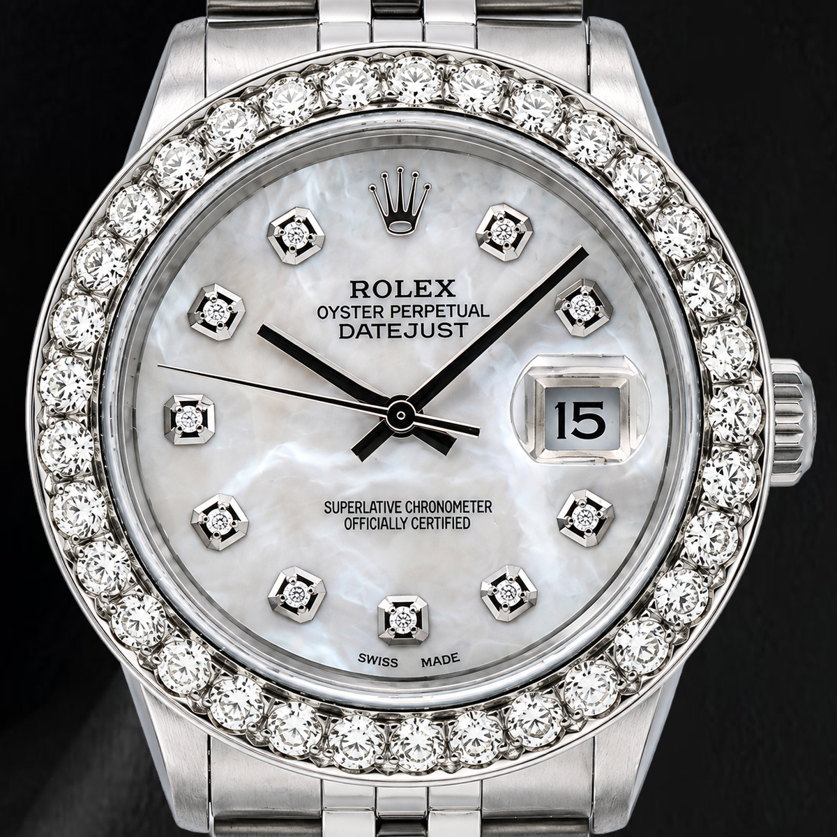 Rolex Datejust 16014 36mm White Mother of Pearl Diamond Dial Stainless Steel Watch