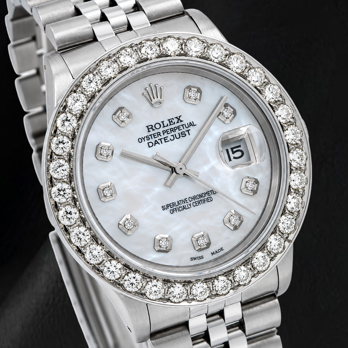 Rolex Datejust 16014 36mm White Mother of Pearl Diamond Dial Stainless Steel Watch