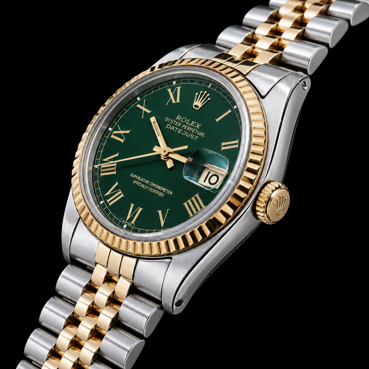 Rolex Datejust 1601 36MM Green Roman Dial Two Tone Watch