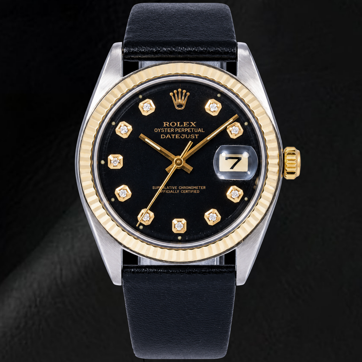 Rolex Datejust 1601 36mm Black Diamond Dial Black Leather Strap Two Tone Watch
