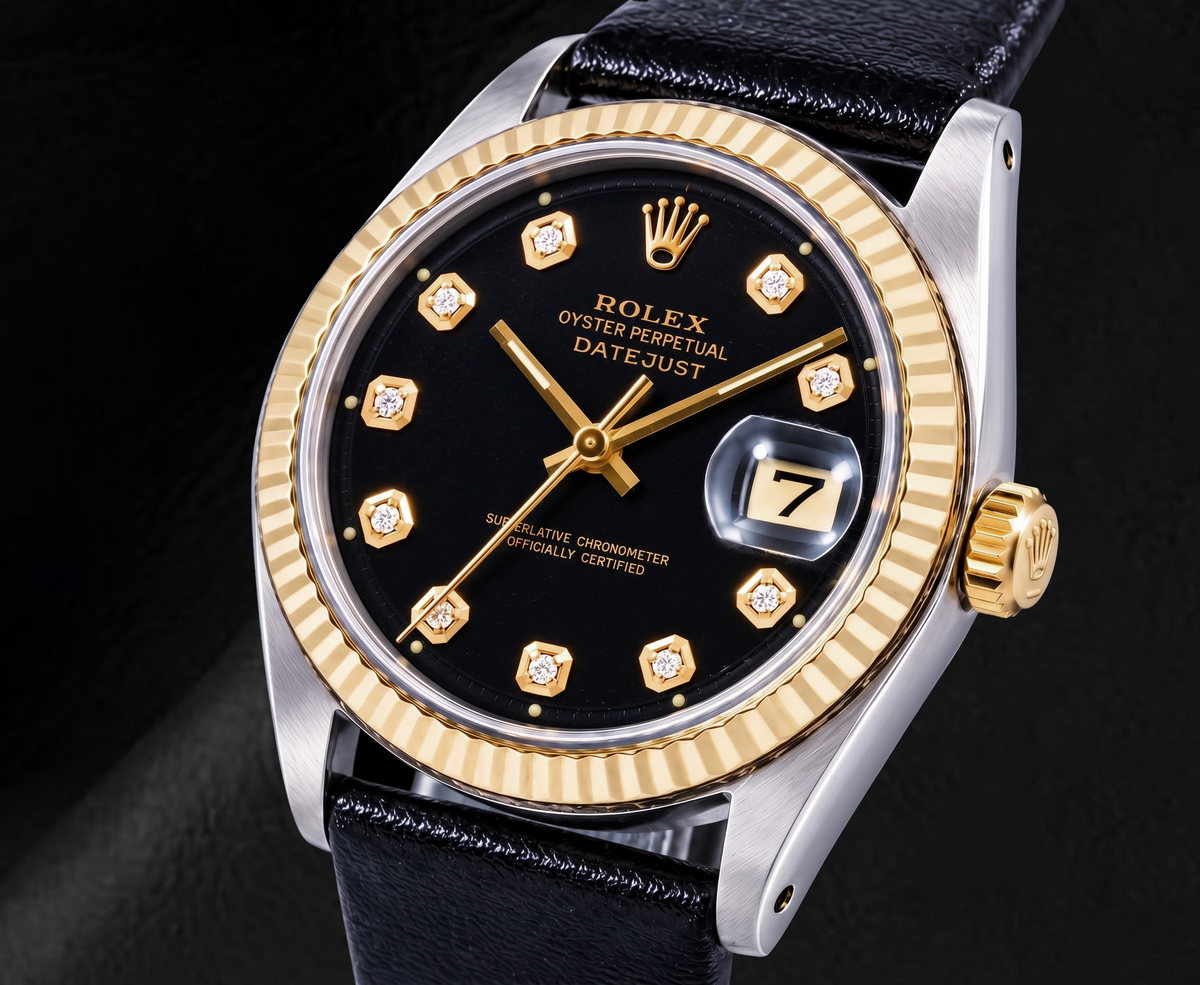 Rolex Datejust 1601 36mm Black Diamond Dial Black Leather Strap Two Tone Watch