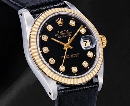 Rolex Datejust 1601 36mm Black Diamond Dial Black Leather Strap Two Tone Watch
