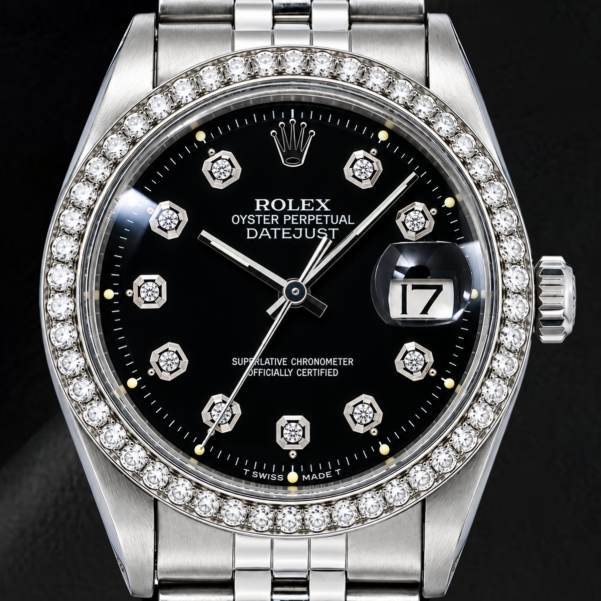 Rolex Datejust 1601 36mm Black Diamond Dial Stainless Steel Watch