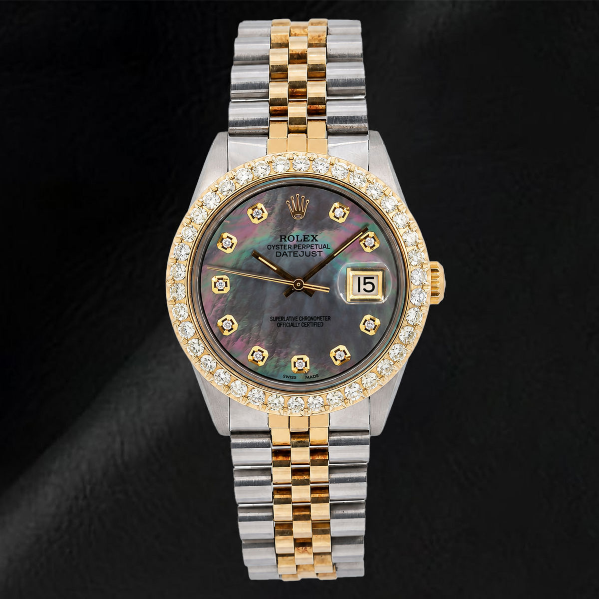 Rolex Datejust 1601 36mm Black Mother Of Pearl Diamond Dial Two Tone Watch