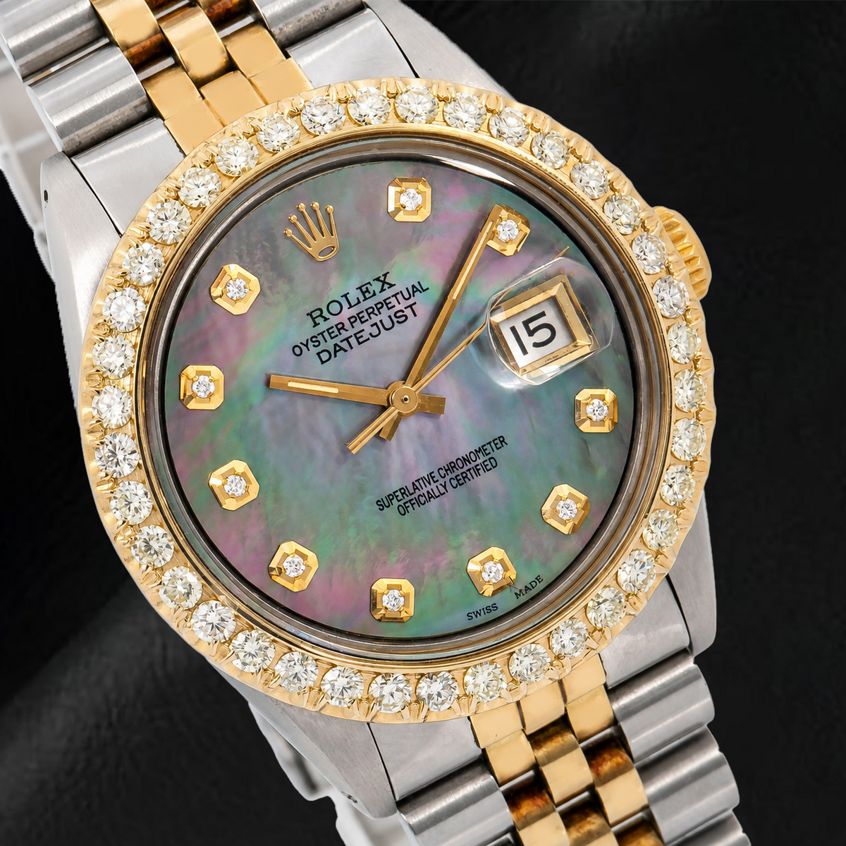 Rolex Datejust 1601 36mm Black Mother Of Pearl Diamond Dial Two Tone Watch