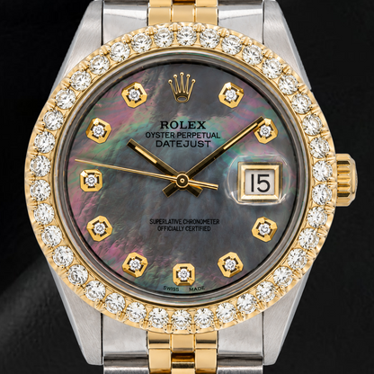Rolex Datejust 1601 36mm Black Mother Of Pearl Diamond Dial Two Tone Watch