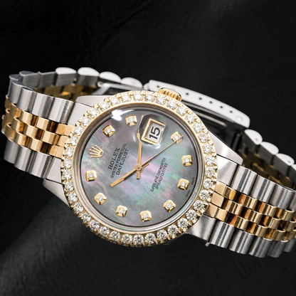Rolex Datejust 1601 36mm Black Mother Of Pearl Diamond Dial Two Tone Watch