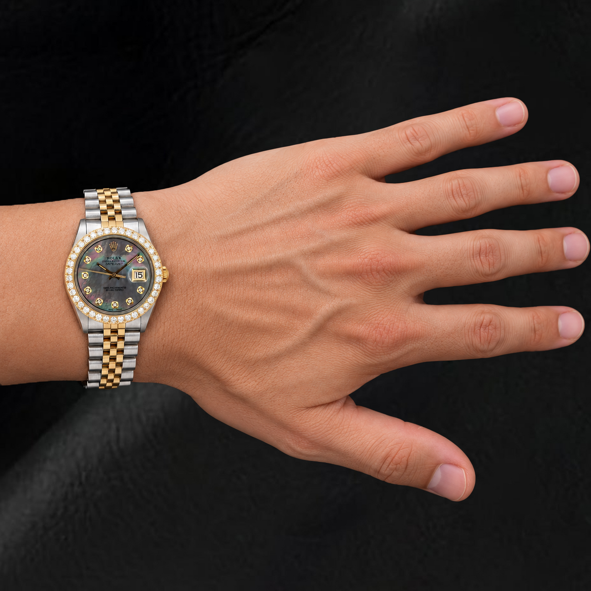 Rolex Datejust 1601 36mm Black Mother Of Pearl Diamond Dial Two Tone Watch