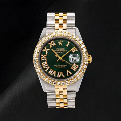 Rolex Datejust 1601 36mm Black Roman Diamond Dial Two Tone Watch