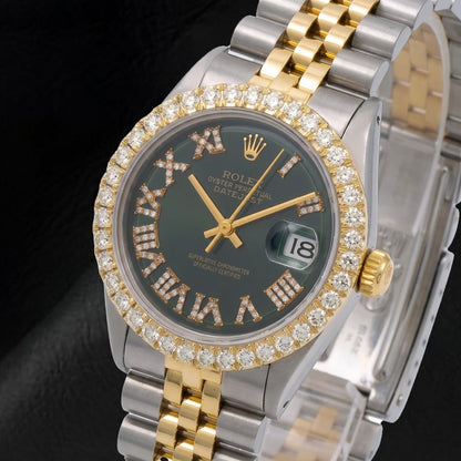 Rolex Datejust 1601 36mm Black Roman Diamond Dial Two Tone Watch