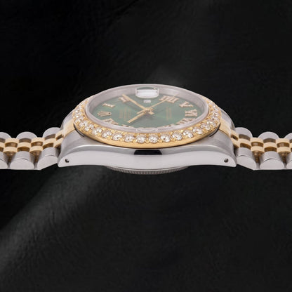 Rolex Datejust 1601 36mm Black Roman Diamond Dial Two Tone Watch