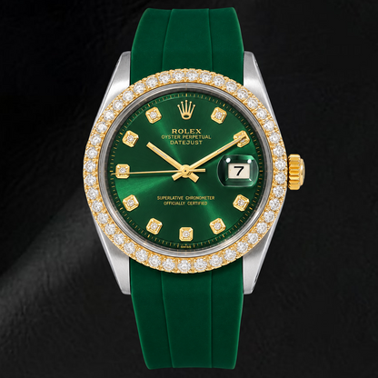 Rolex Datejust 1601 36mm Green Diamond Dial Green Rubber Strap Two Tone Watch
