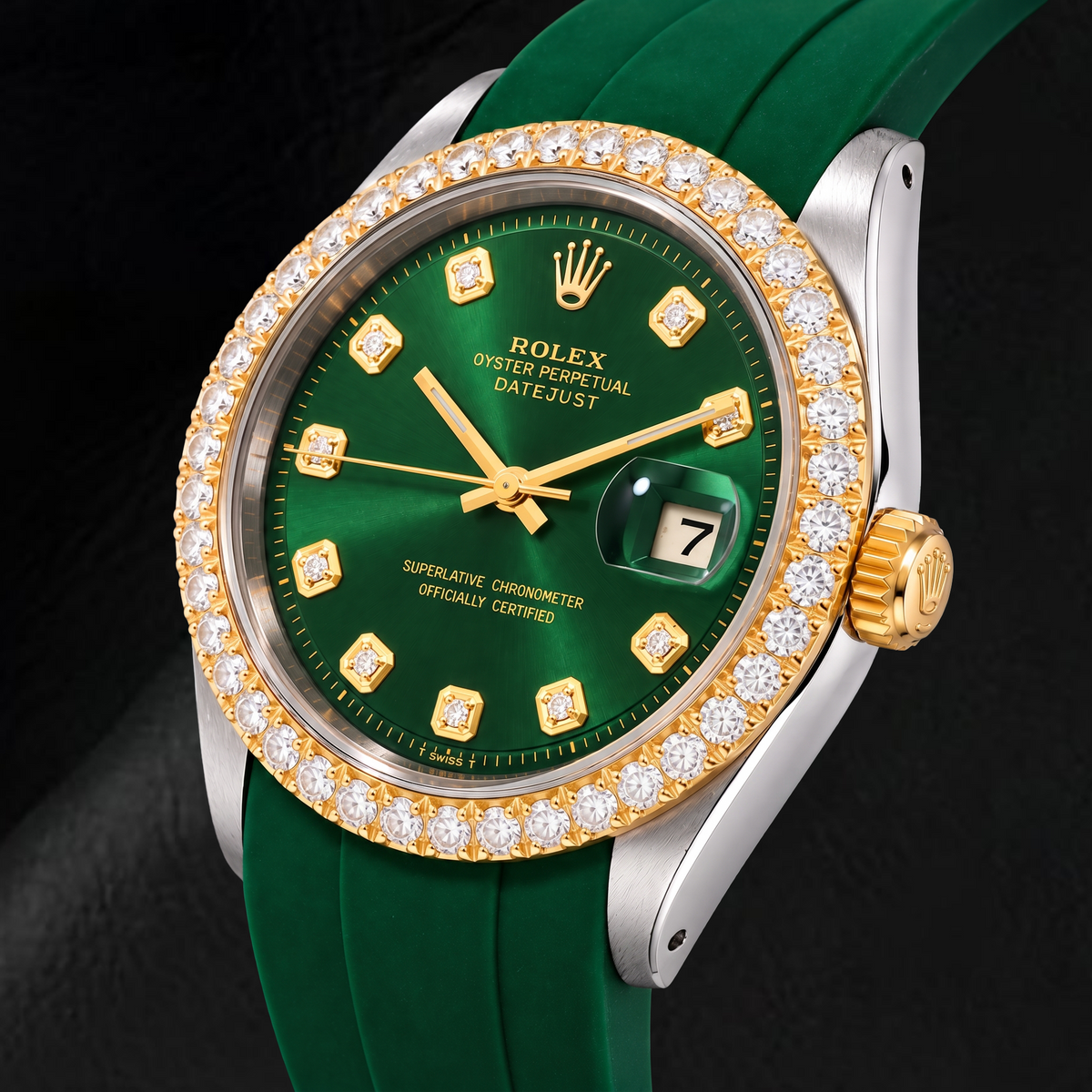 Rolex Datejust 1601 36mm Green Diamond Dial Green Rubber Strap Two Tone Watch