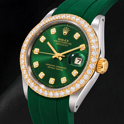 Rolex Datejust 1601 36mm Green Diamond Dial Green Rubber Strap Two Tone Watch