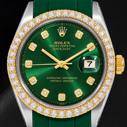 Rolex Datejust 1601 36mm Green Diamond Dial Green Rubber Strap Two Tone Watch