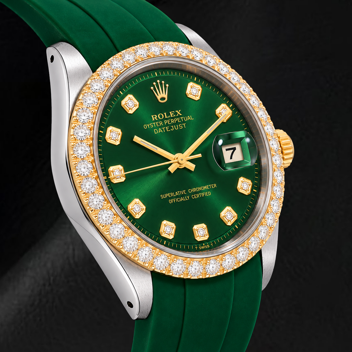 Rolex Datejust 1601 36mm Green Diamond Dial Green Rubber Strap Two Tone Watch