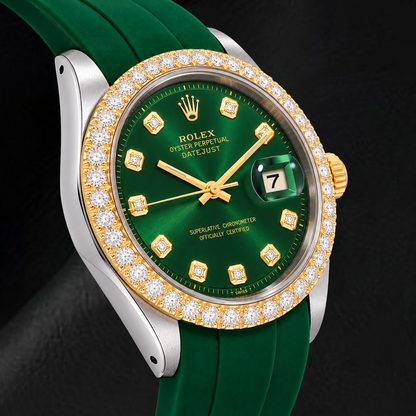 Rolex Datejust 1601 36mm Green Diamond Dial Green Rubber Strap Two Tone Watch