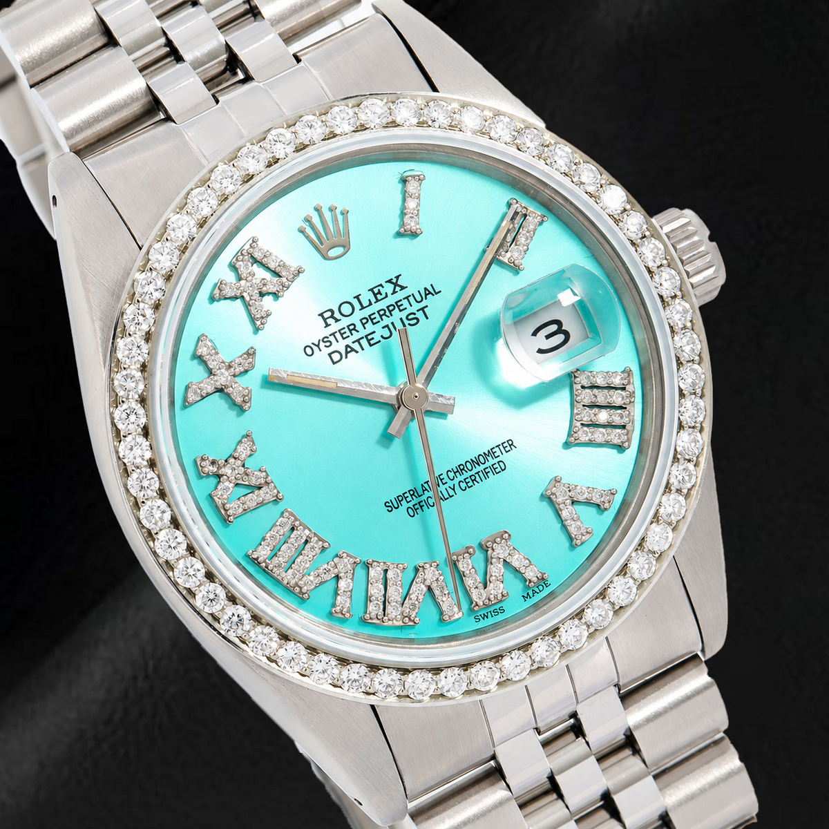 Rolex Datejust 1601 36mm Turquoise Roman Diamond Dial Stainless Steel Watch
