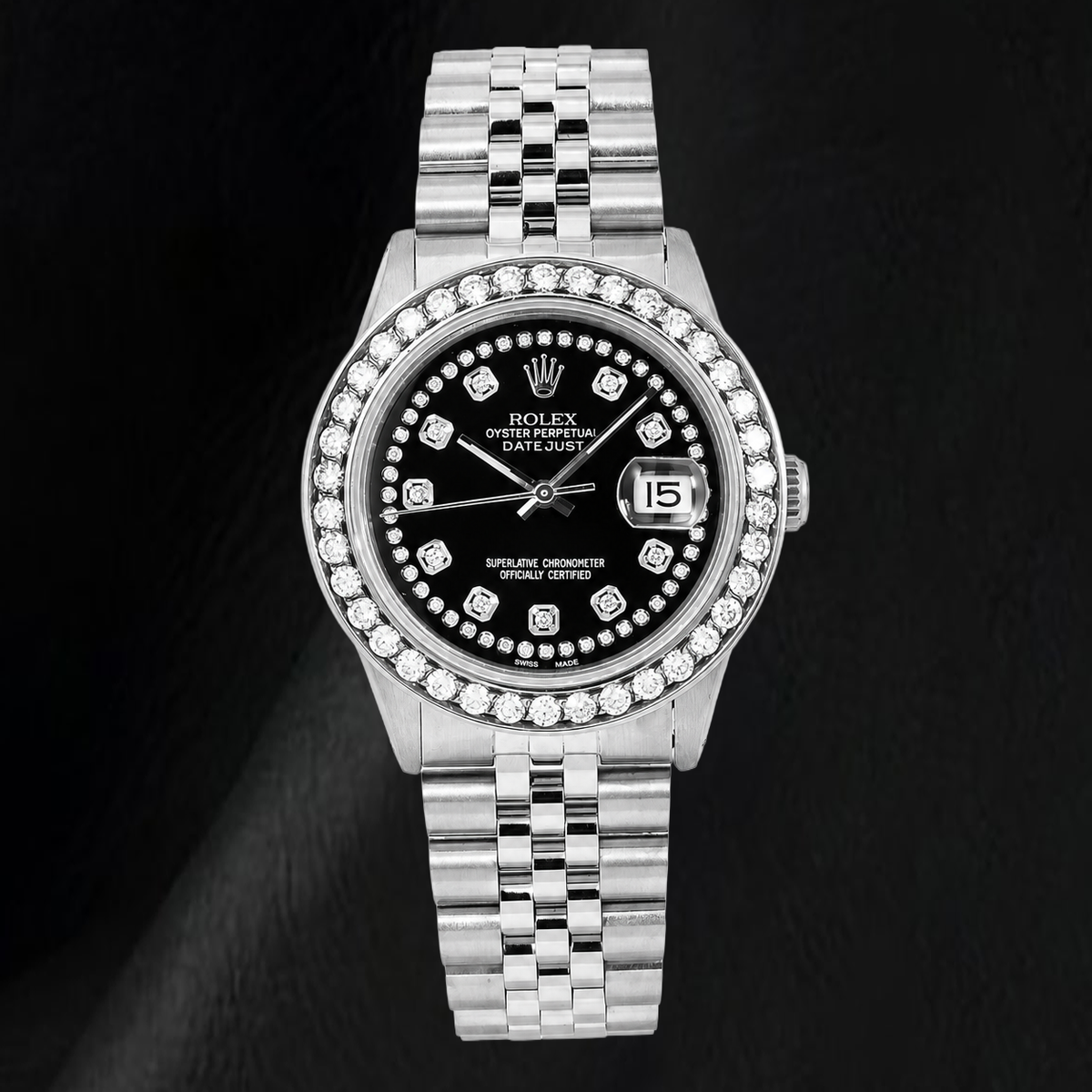 Rolex Datejust 16030 36mm Black String Diamond Dial Stainless Steel Watch