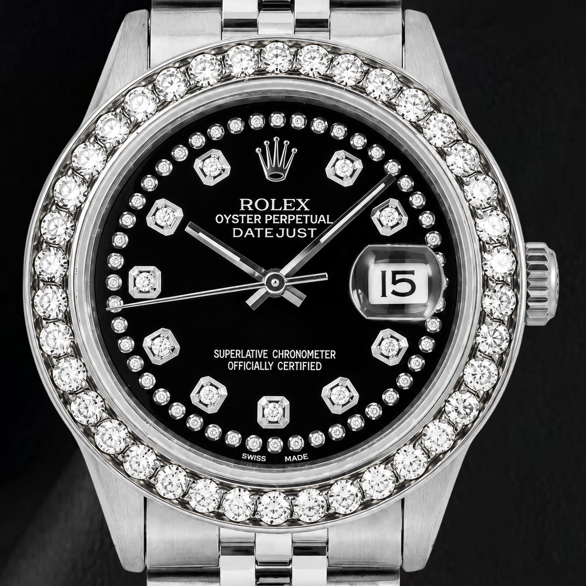 Rolex Datejust 16030 36mm Black String Diamond Dial Stainless Steel Watch