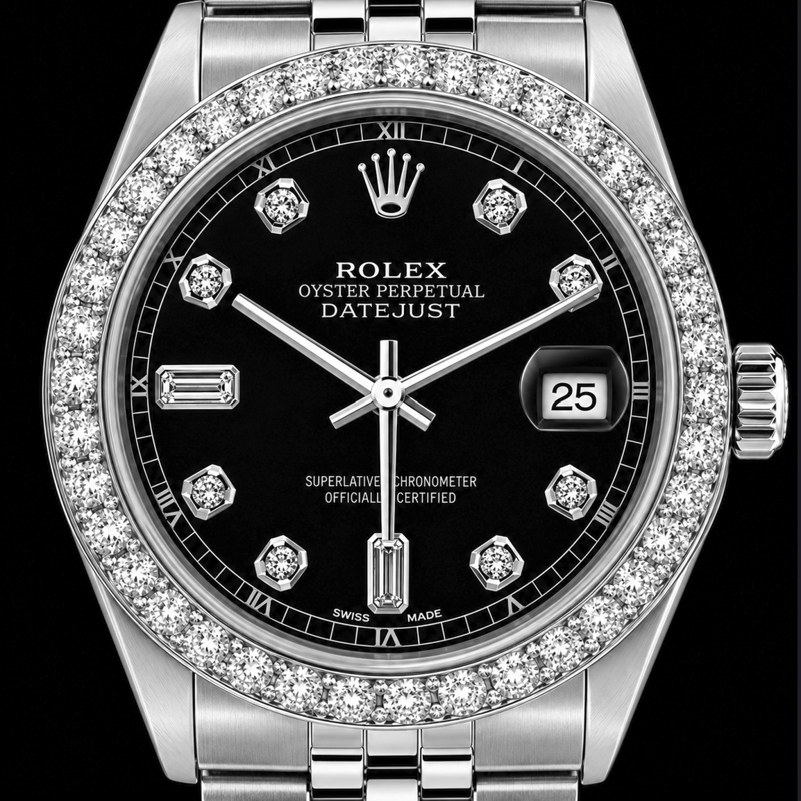 Rolex Datejust 16200 36mm Black Diamond Dial Stainless Steel Watch