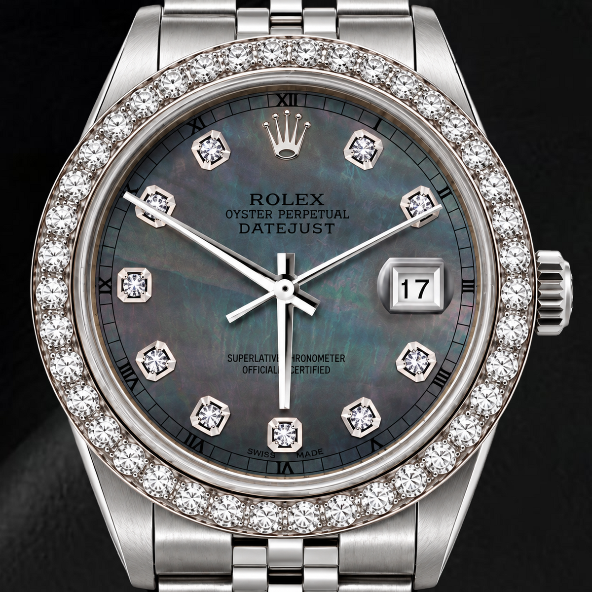 Rolex Datejust 16200 36mm Black Mother of Pearl Diamond Dial Stainless Steel Watch