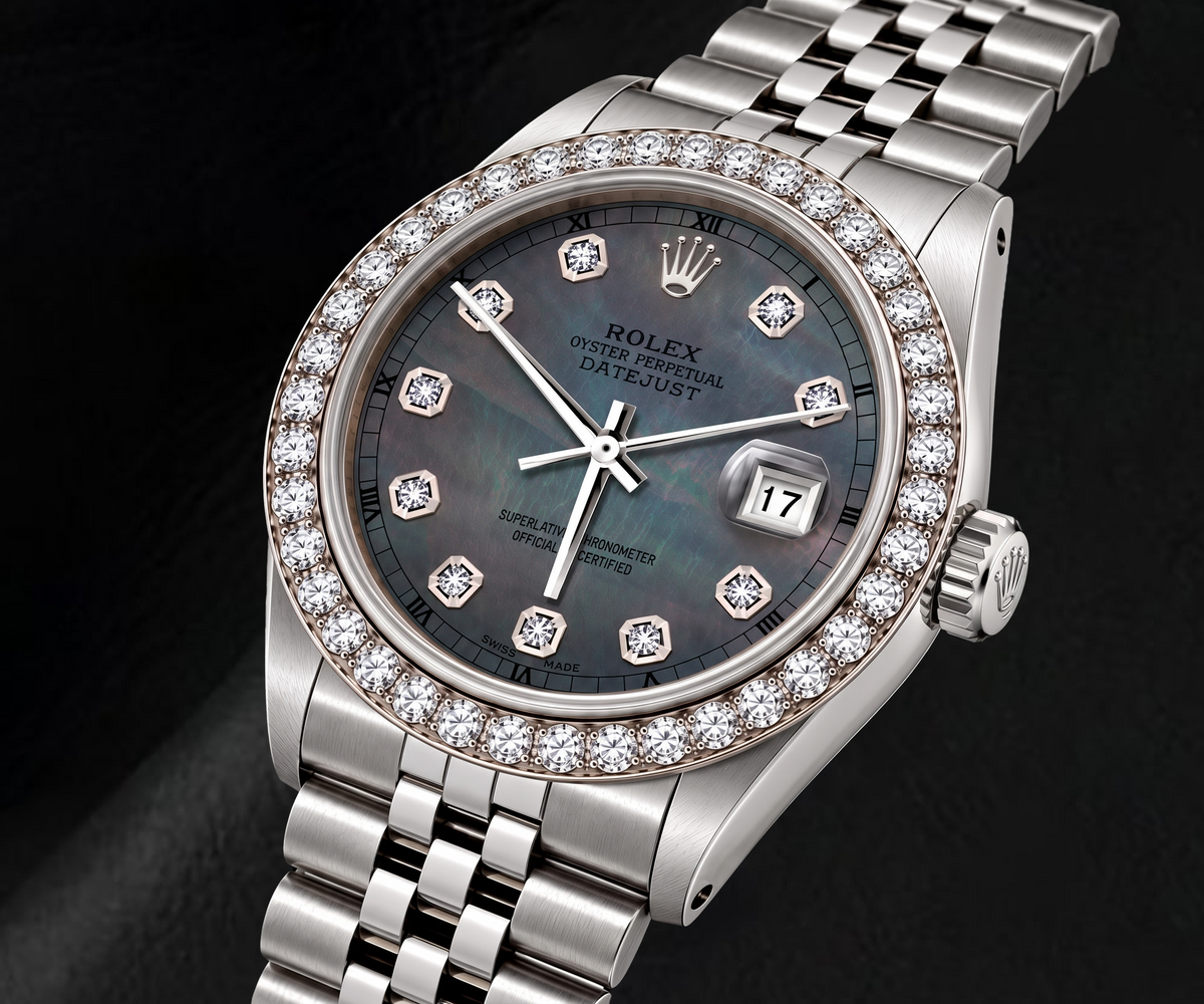 Rolex Datejust 16200 36mm Black Mother of Pearl Diamond Dial Stainless Steel Watch