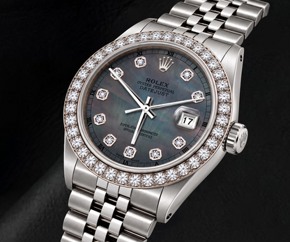 Rolex Datejust 16200 36mm Black Mother of Pearl Diamond Dial Stainless Steel Watch