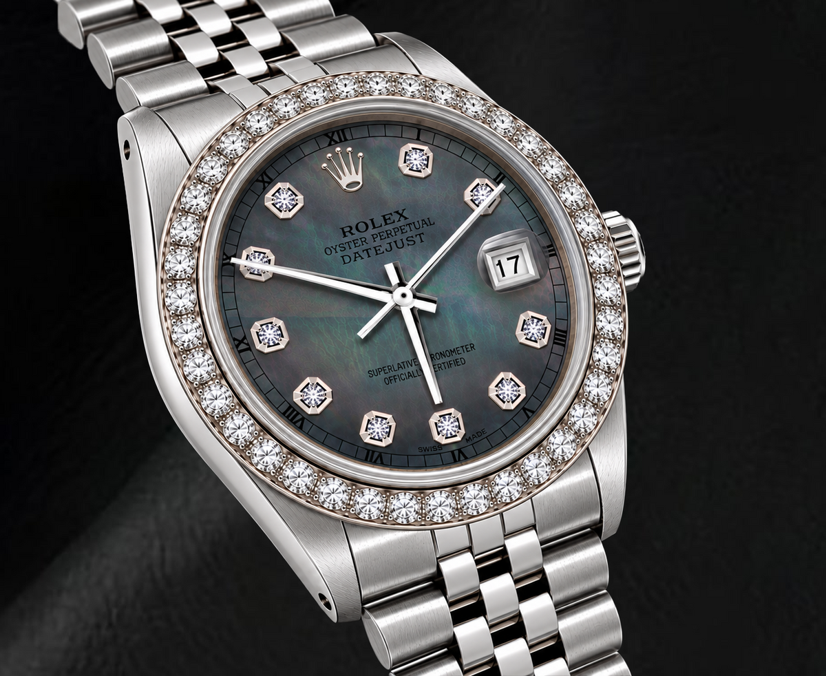 Rolex Datejust 16200 36mm Black Mother of Pearl Diamond Dial Stainless Steel Watch
