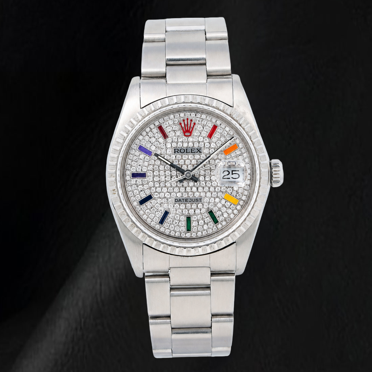 Rolex Datejust 16200 36mm Rainbow Paved Diamond Dial Stainless Steel Watch